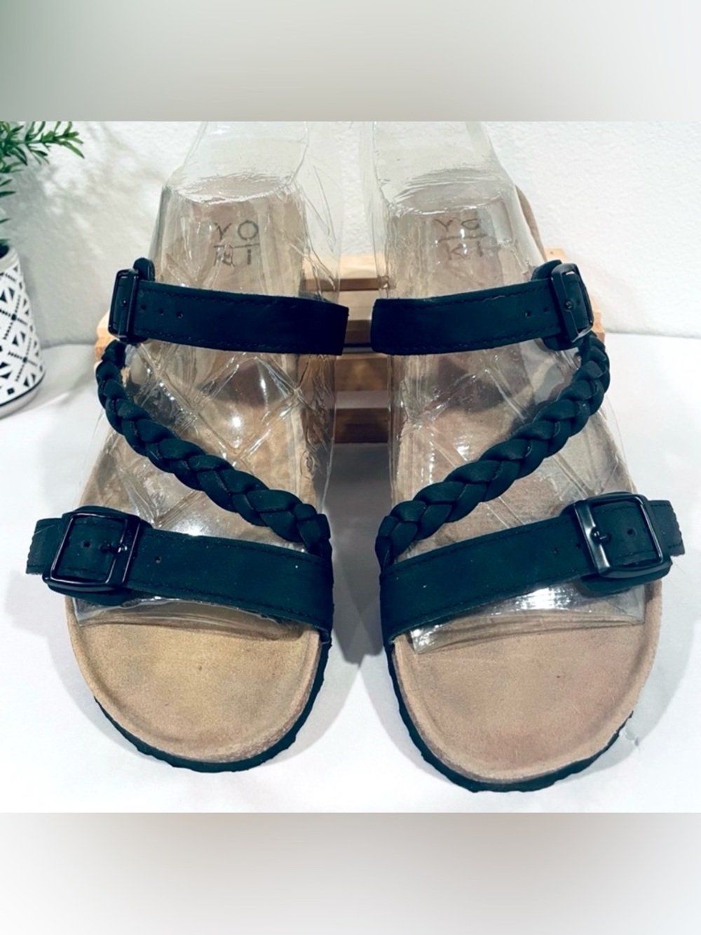 EUC Black Double Strap Braided Leather Corkboard Sandals | Size 9